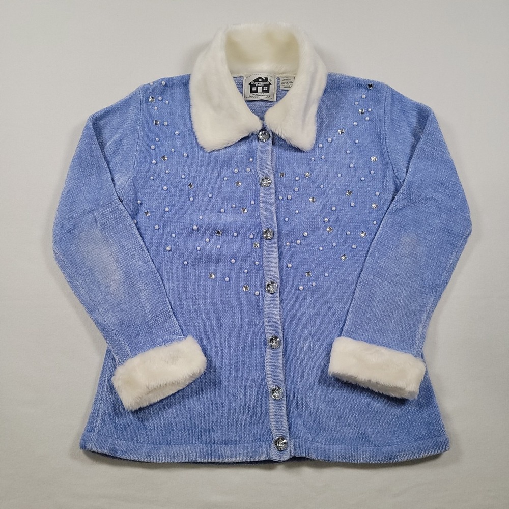 Storybook Knits Women Winter Cardigan‎ XS Blue Faux Fur Collar Beaded Jeweled
